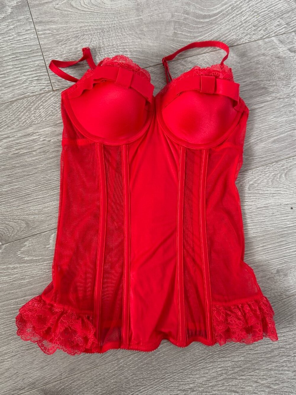 Victoria’s Secret Red Satin Mesh Bustier Corset Lingerie Top 34B